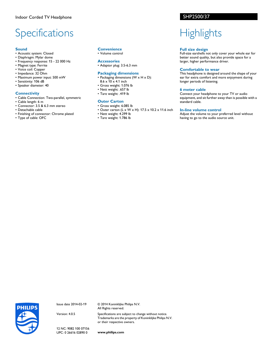 Specifications, Highlights | Philips SHP2500-37 User Manual | Page 2 / 2