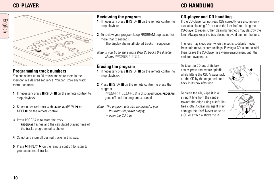 English cd-player cd handling, Programming track numbers, Reviewing the program | Erasing the program, Cd-player and cd handling | Philips MC165C3799 User Manual | Page 10 / 104