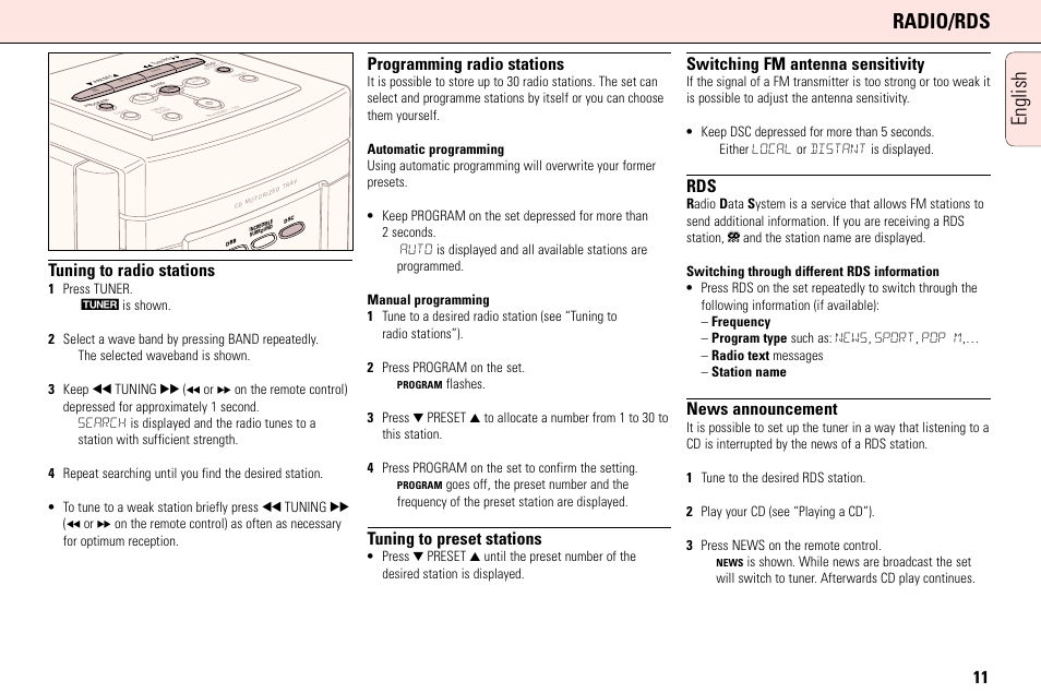 English radio/rds, Tuning to radio stations, Programming radio stations | Tuning to preset stations, Switching fm antenna sensitivity, News announcement | Philips MC165C3799 User Manual | Page 11 / 104