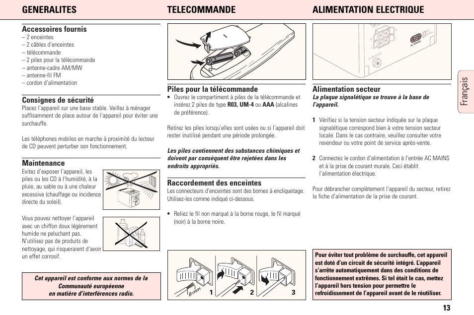 Accessoires fournis, Consignes de sécurité, Maintenance | Piles pour la télécommande, Raccordement des enceintes, Alimentation secteur | Philips MC165C3799 User Manual | Page 13 / 104