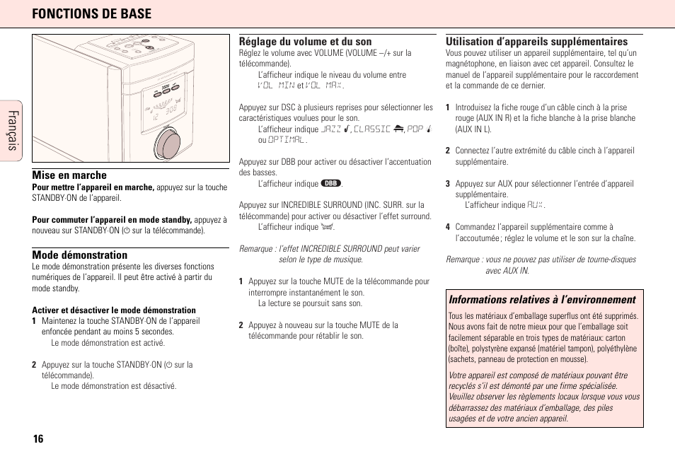 Français fonctions de base, Mise en marche, Mode démonstration | Réglage du volume et du son, Utilisation d’appareils supplémentaires, Informations relatives à l’environnement | Philips MC165C3799 User Manual | Page 16 / 104