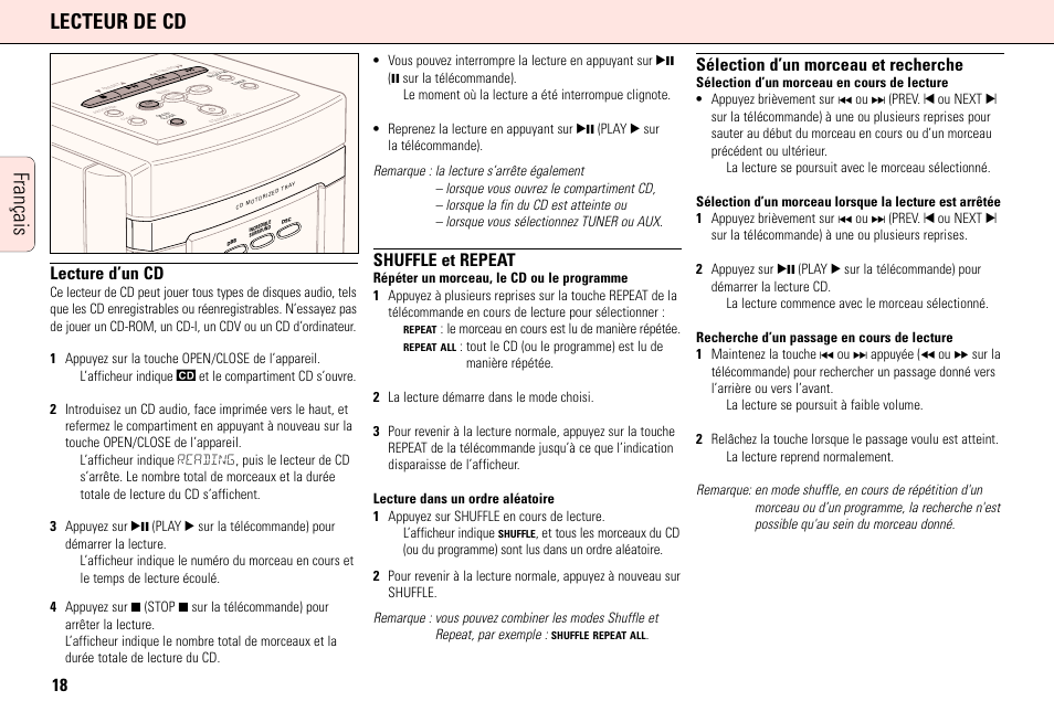 Français lecteur de cd, Lecture d’un cd, Shuffle et repeat | Sélection d’un morceau et recherche | Philips MC165C3799 User Manual | Page 18 / 104