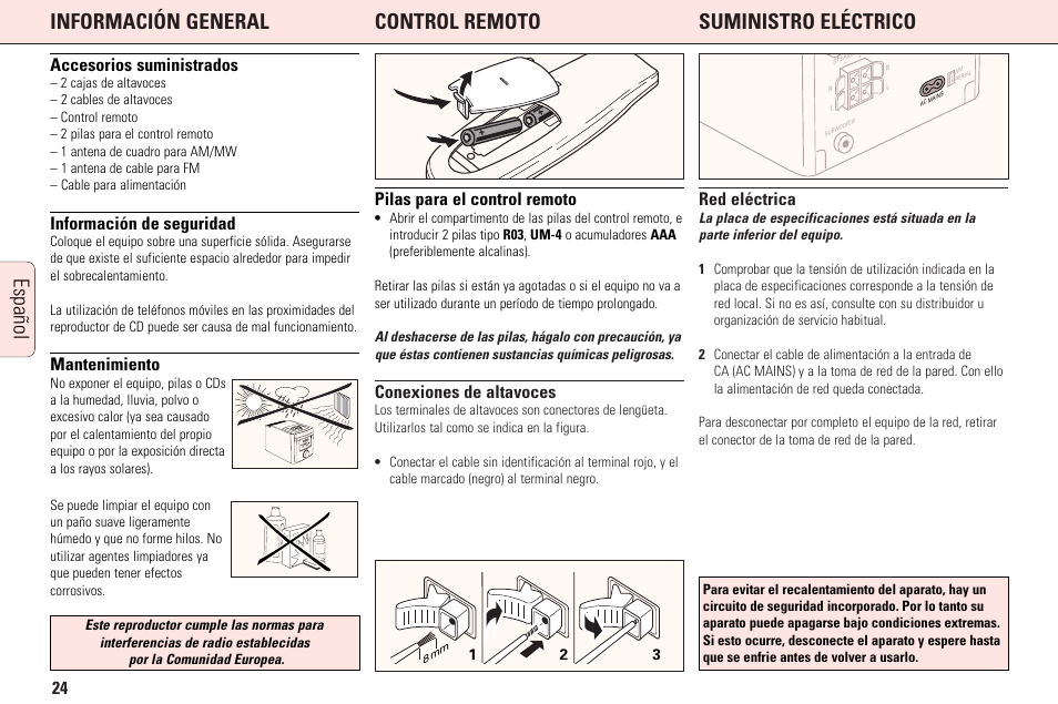 Español, Accesorios suministrados, Información de seguridad | Mantenimiento, Pilas para el control remoto, Conexiones de altavoces, Red eléctrica | Philips MC165C3799 User Manual | Page 24 / 104