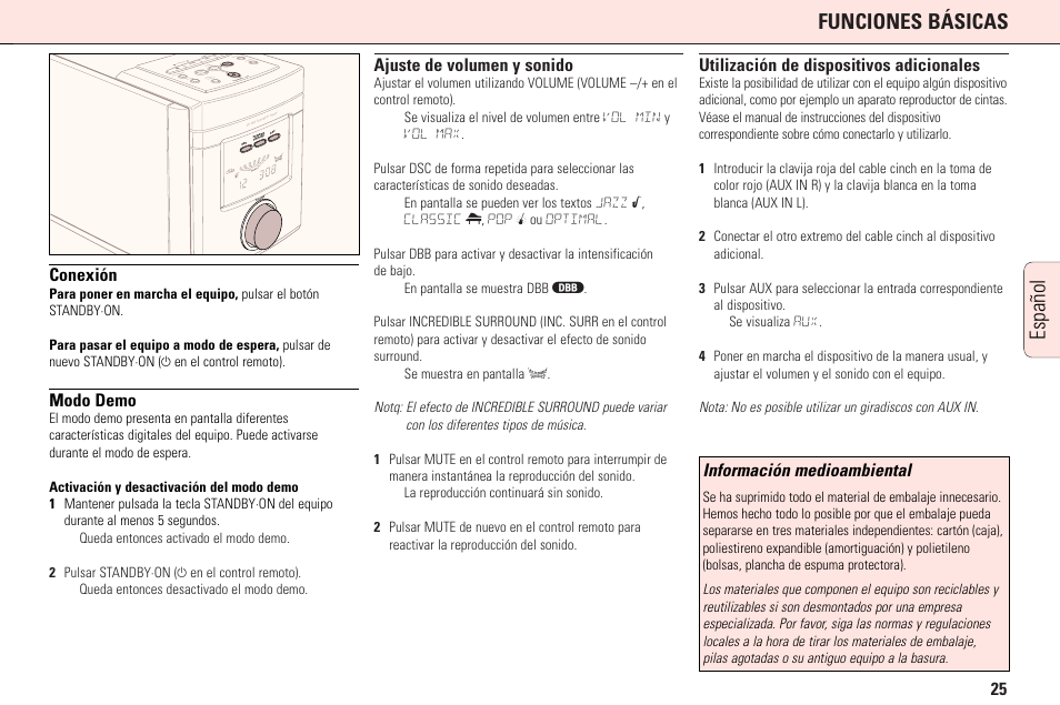 Funciones básicas, Español, Conexión | Modo demo, Ajuste de volumen y sonido, Utilización de dispositivos adicionales, Información medioambiental | Philips MC165C3799 User Manual | Page 25 / 104