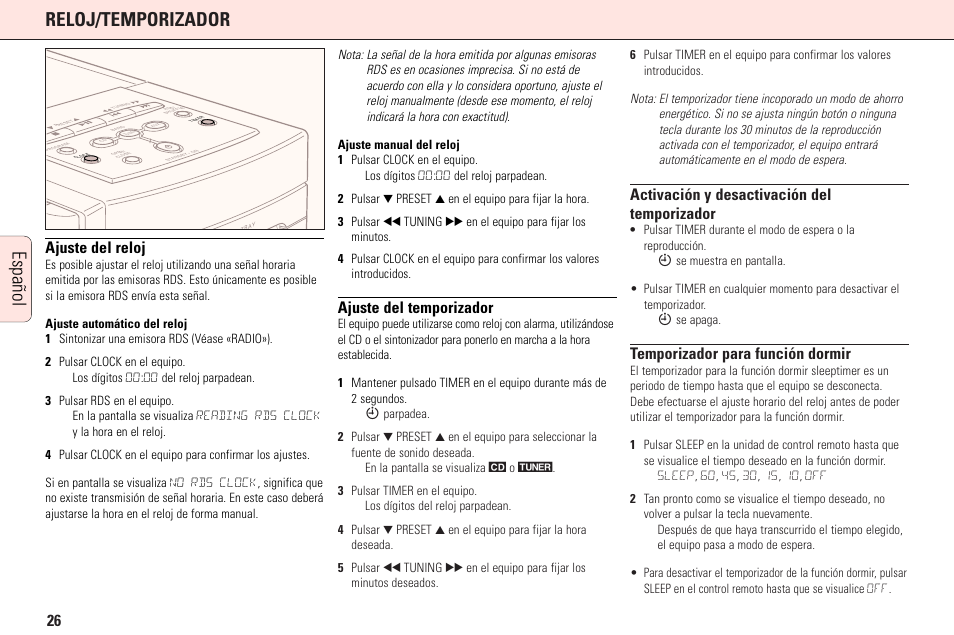 Reloj/temporizador, Español, Ajuste del reloj | Ajuste del temporizador, Activación y desactivación del temporizador, Temporizador para función dormir | Philips MC165C3799 User Manual | Page 26 / 104