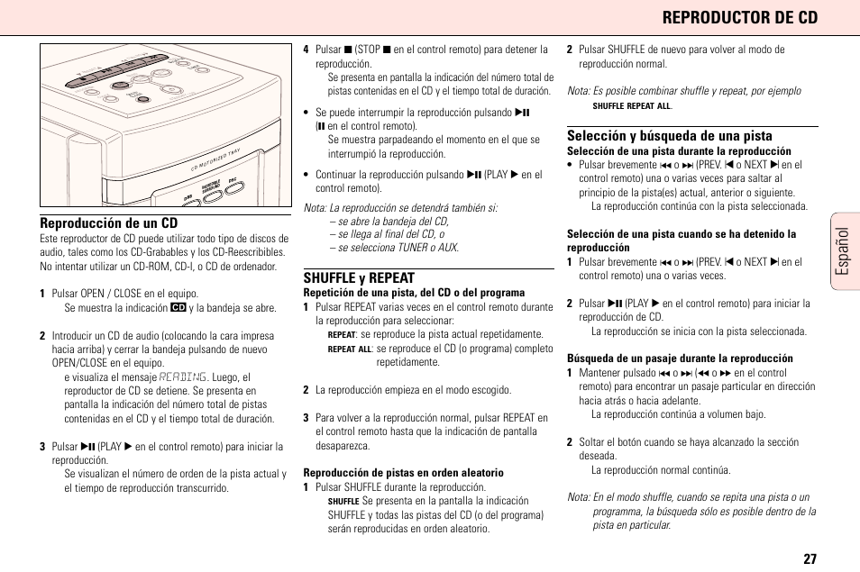 Reproductor de cd, Español, Reproducción de un cd | Shuffle y repeat, Selección y búsqueda de una pista | Philips MC165C3799 User Manual | Page 27 / 104