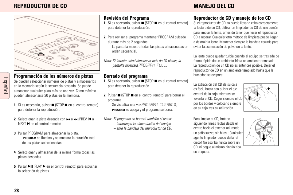 Reproductor de cd manejo del cd, Español, Programación de los números de pistas | Revisión del programa, Borrado del programa, Reproductor de cd y manejo de los cd | Philips MC165C3799 User Manual | Page 28 / 104