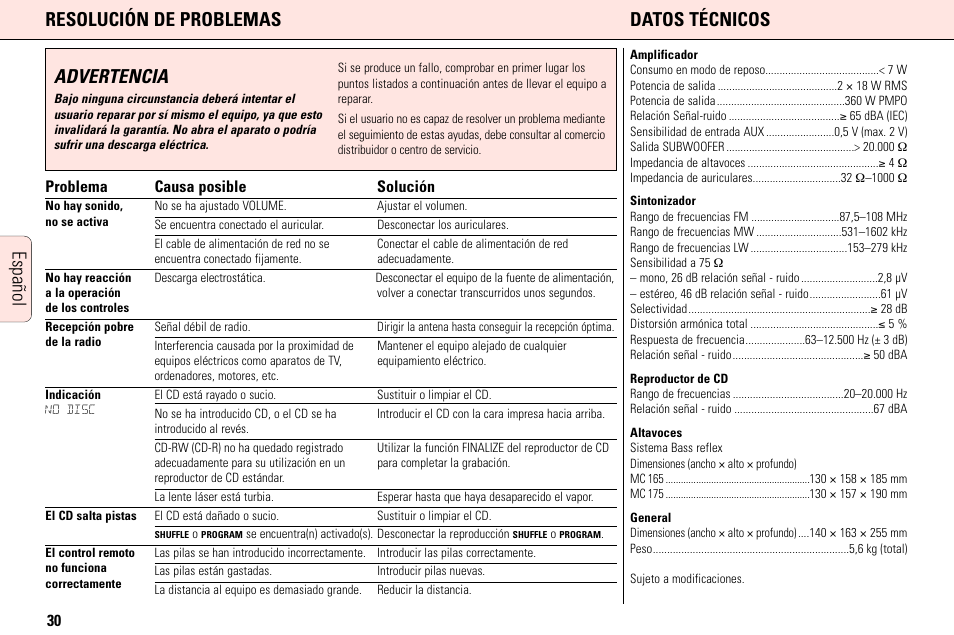 Resolución de problemas datos técnicos, Advertencia, Español | 30 problema causa posible solución | Philips MC165C3799 User Manual | Page 30 / 104