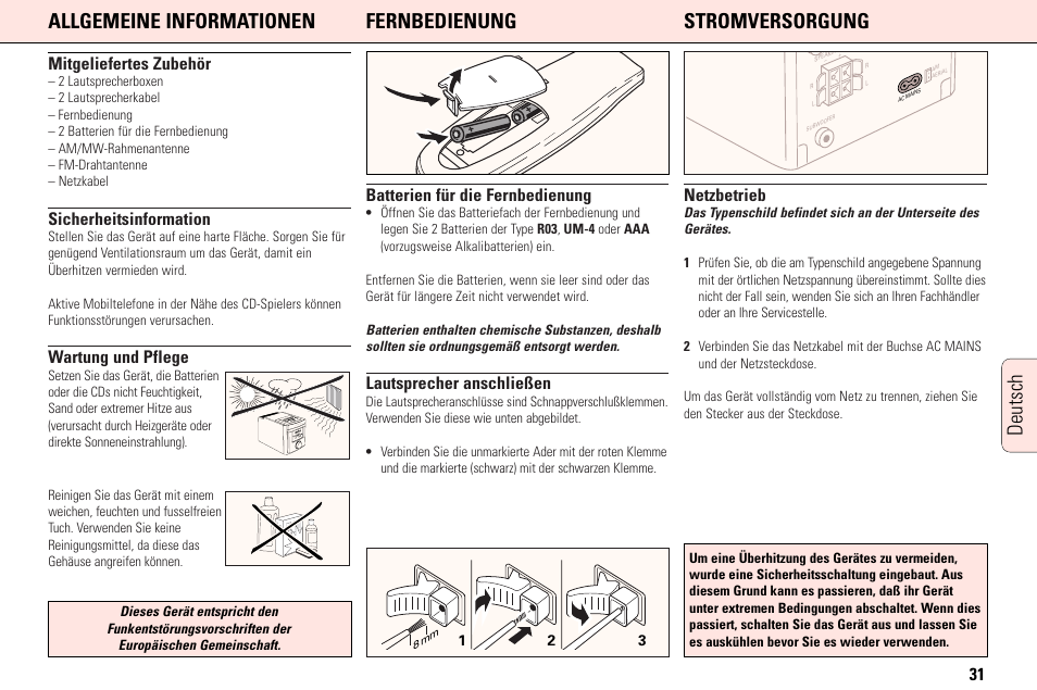Mitgeliefertes zubehör, Sicherheitsinformation, Wartung und pflege | Batterien für die fernbedienung, Lautsprecher anschließen, Netzbetrieb | Philips MC165C3799 User Manual | Page 31 / 104