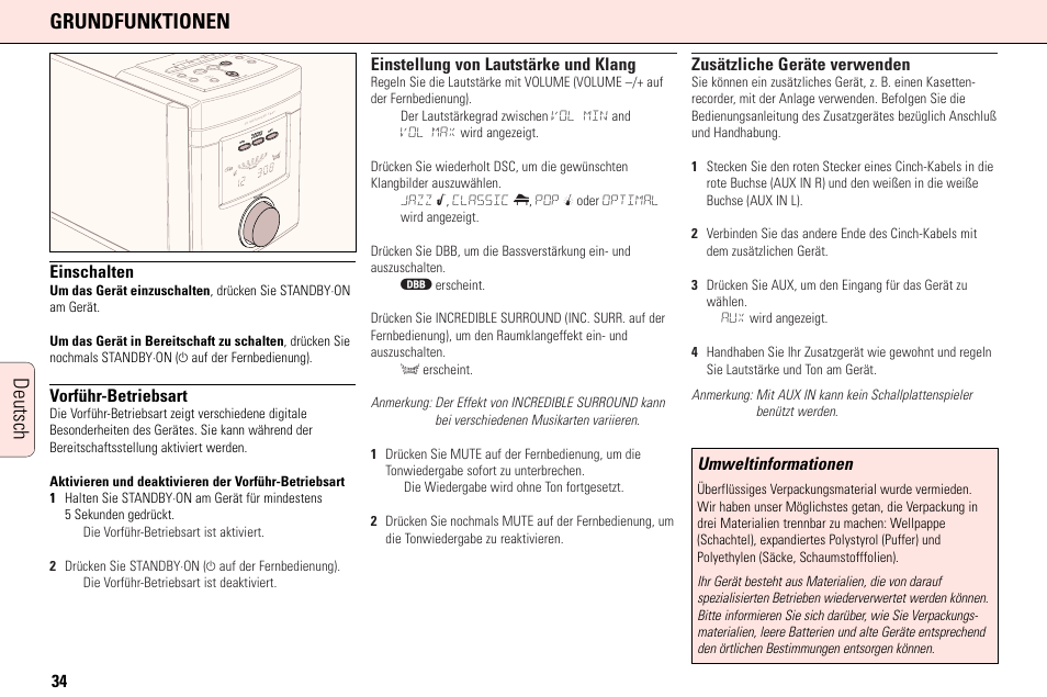 Deutsch grundfunktionen, Einschalten, Vorführ-betriebsart | Einstellung von lautstärke und klang, Zusätzliche geräte verwenden, Umweltinformationen | Philips MC165C3799 User Manual | Page 34 / 104