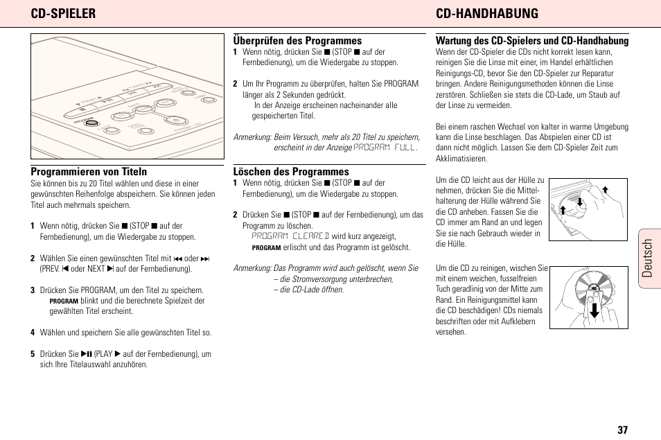 Deutsch cd-spieler cd-handhabung, Programmieren von titeln, Überprüfen des programmes | Löschen des programmes, Wartung des cd-spielers und cd-handhabung | Philips MC165C3799 User Manual | Page 37 / 104