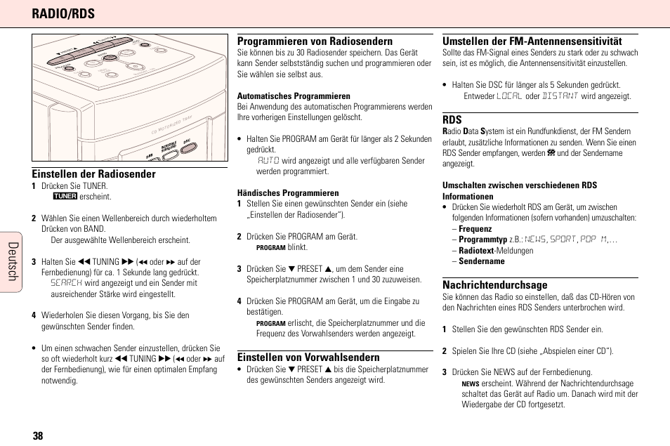 Deutsch radio/rds, Einstellen der radiosender, Programmieren von radiosendern | Einstellen von vorwahlsendern, Umstellen der fm-antennensensitivität, Nachrichtendurchsage | Philips MC165C3799 User Manual | Page 38 / 104