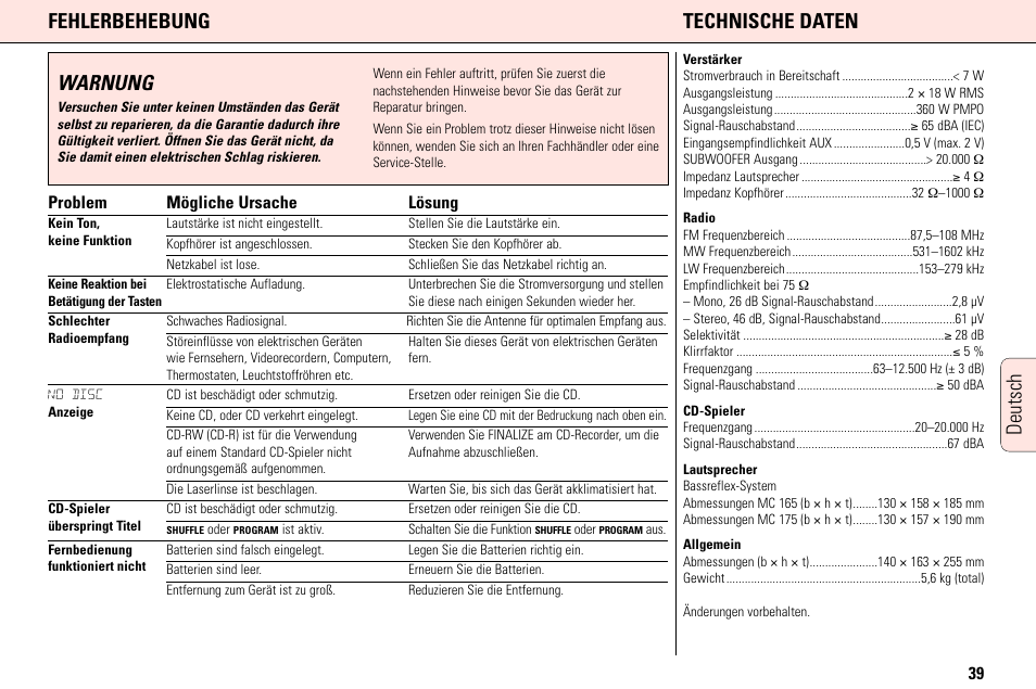 Deutsch fehlerbehebung technische daten, Warnung, 39 problem mögliche ursache lösung | Philips MC165C3799 User Manual | Page 39 / 104