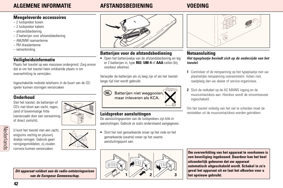 Algemene informatie afstandsbediening voeding, Nederlands, Meegeleverde accessoires | Veiligheidsinformatie, Onderhoud, Batterijen voor de afstandsbediening, Luidspreker aansluitingen, Netaansluiting | Philips MC165C3799 User Manual | Page 42 / 104