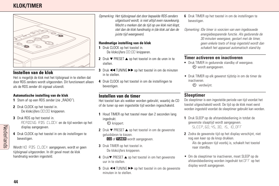 Klok/timer, Nederlands, Instellen van de klok | Instellen van de timer, Timer activeren en inactiveren, Sleeptimer | Philips MC165C3799 User Manual | Page 44 / 104