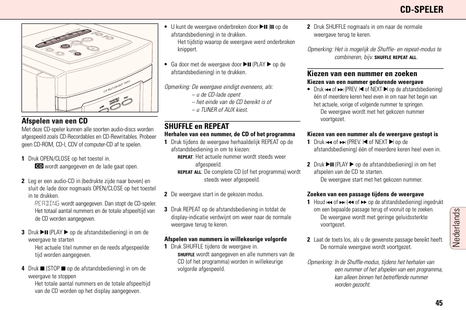 Cd-speler, Nederlands, Afspelen van een cd | Shuffle en repeat, Kiezen van een nummer en zoeken | Philips MC165C3799 User Manual | Page 45 / 104