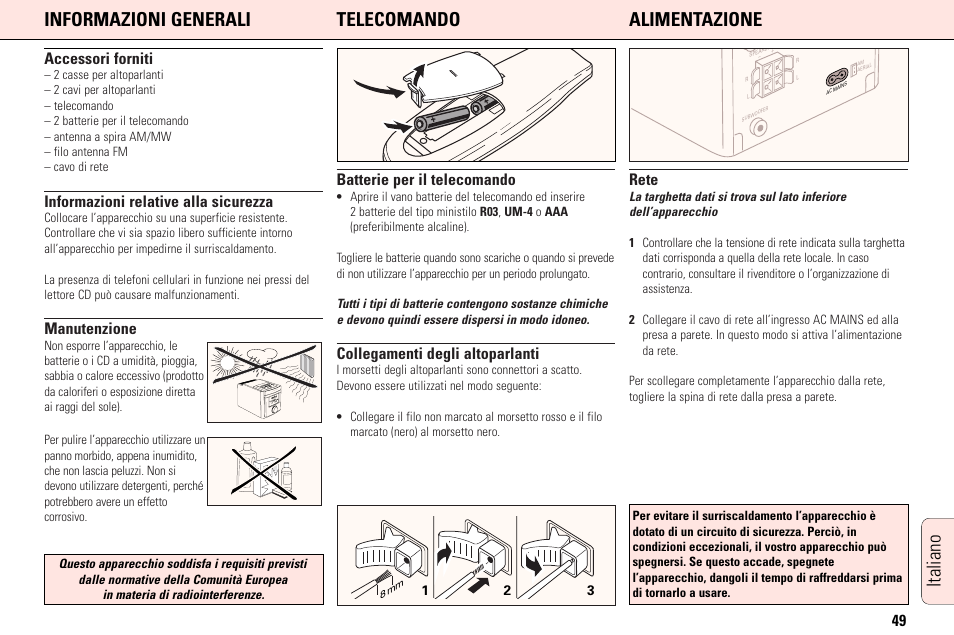 Accessori forniti, Informazioni relative alla sicurezza, Manutenzione | Batterie per il telecomando, Collegamenti degli altoparlanti, Rete | Philips MC165C3799 User Manual | Page 49 / 104