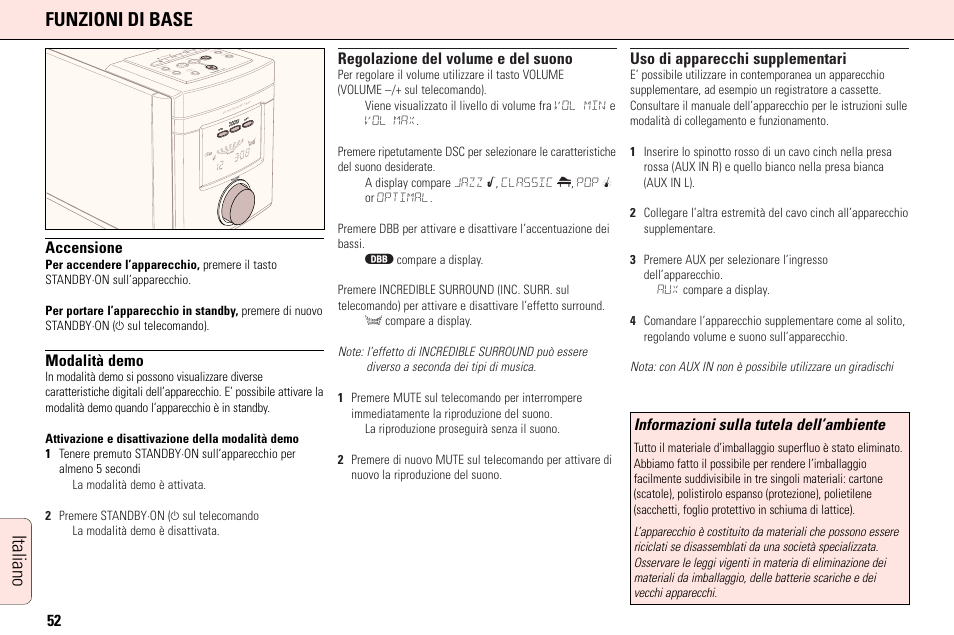 Italiano funzioni di base, Accensione, Modalità demo | Regolazione del volume e del suono, Uso di apparecchi supplementari, Informazioni sulla tutela dell’ambiente | Philips MC165C3799 User Manual | Page 52 / 104