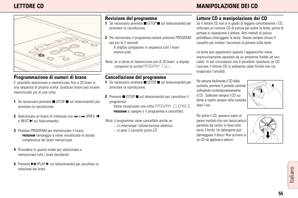 Italiano lettore cd manipolazione dei cd, Programmazione di numeri di brano, Revisione del programma | Cancellazione del programma, Lettore cd e manipolazione dei cd | Philips MC165C3799 User Manual | Page 55 / 104