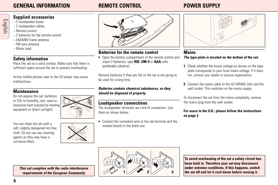 Supplied accessories, Safety information, Maintenance | Batteries for the remote control, Loudspeaker connections, Mains | Philips MC165C3799 User Manual | Page 6 / 104