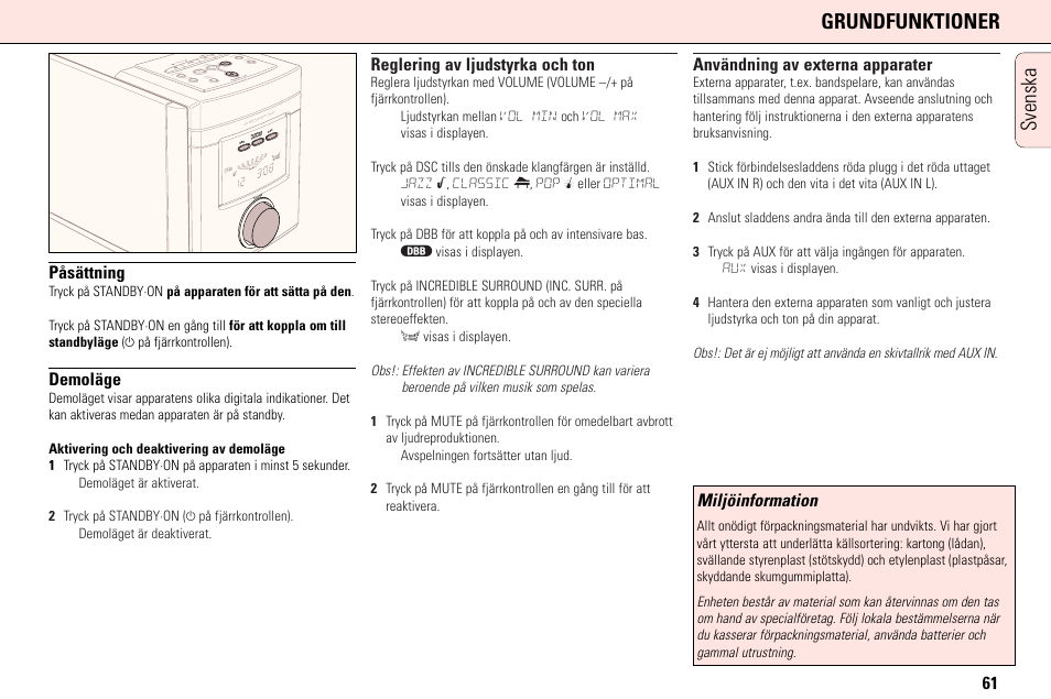 Svenska grundfunktioner, Påsättning, Demoläge | Reglering av ljudstyrka och ton, Användning av externa apparater, Miljöinformation | Philips MC165C3799 User Manual | Page 61 / 104