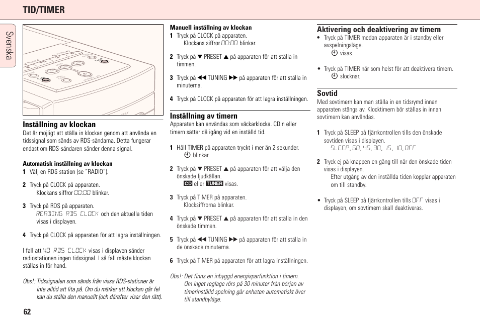 Svenska tid/timer, Inställning av klockan, Inställning av timern | Aktivering och deaktivering av timern, Sovtid | Philips MC165C3799 User Manual | Page 62 / 104