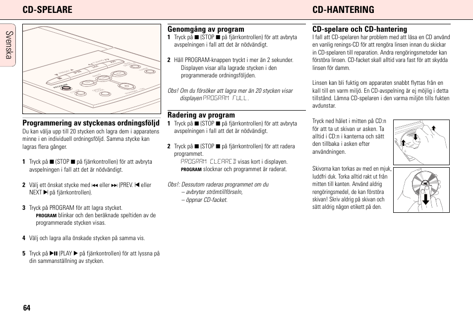 Svenska cd-spelare cd-hantering, Programmering av styckenas ordningsföljd, Genomgång av program | Radering av program, Cd-spelare och cd-hantering | Philips MC165C3799 User Manual | Page 64 / 104