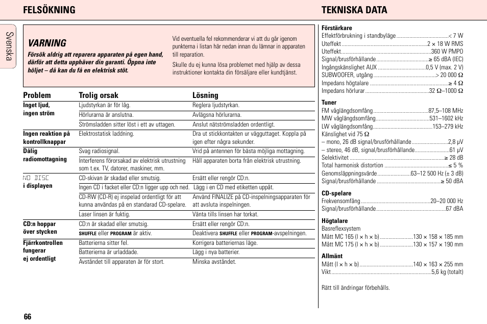 Svenska felsökning tekniska data, Varning, 66 problem trolig orsak lösning | Philips MC165C3799 User Manual | Page 66 / 104