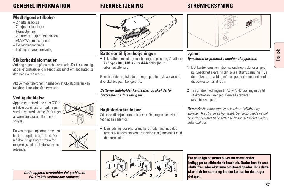 Medfølgende tilbehør, Sikkerhedsinformation, Vedligeholdelse | Batterier til fjernbetjeningen, Højttalerforbindelser, Lysnet | Philips MC165C3799 User Manual | Page 67 / 104