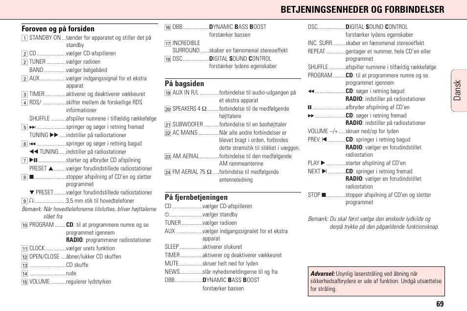 Betjeningsenheder og forbindelser, Dansk, 69 foroven og på forsiden | På bagsiden, På fjernbetjeningen | Philips MC165C3799 User Manual | Page 69 / 104