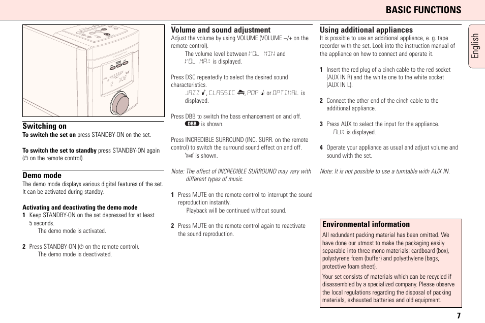 English basic functions, Switching on, Demo mode | Volume and sound adjustment, Using additional appliances, Environmental information | Philips MC165C3799 User Manual | Page 7 / 104