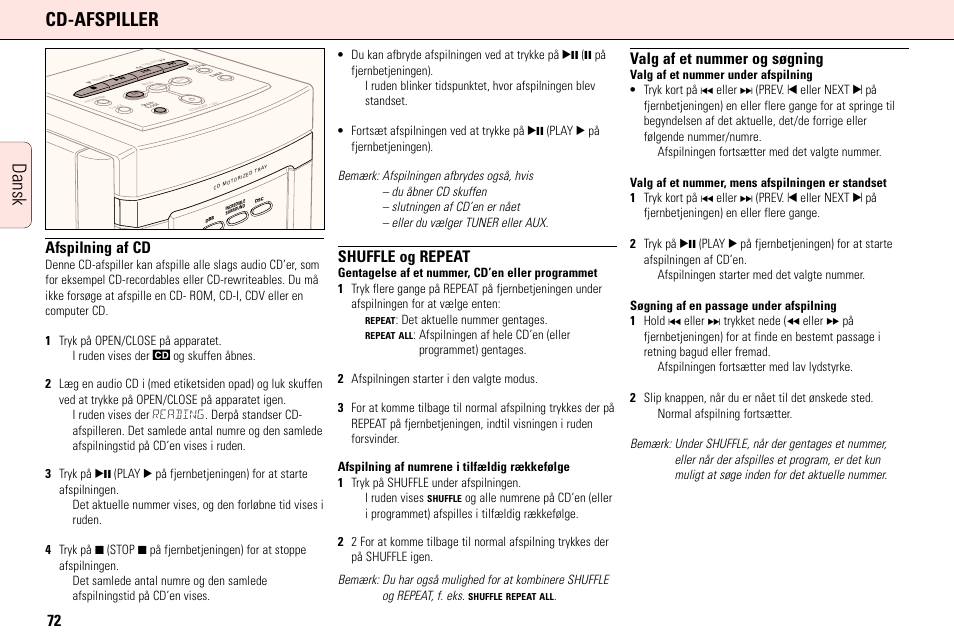 Dansk cd-afspiller, Afspilning af cd, Shuffle og repeat | Valg af et nummer og søgning | Philips MC165C3799 User Manual | Page 72 / 104