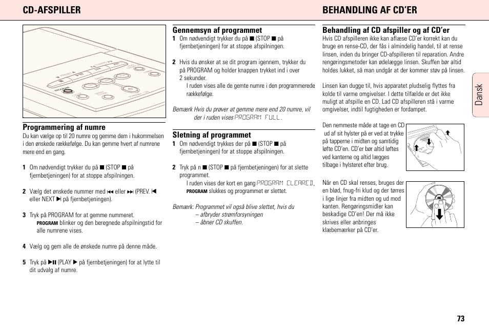 Dansk cd-afspiller behandling af cd’er, Programmering af numre, Gennemsyn af programmet | Sletning af programmet, Behandling af cd afspiller og af cd’er | Philips MC165C3799 User Manual | Page 73 / 104
