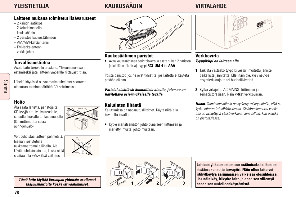 Yleistietoja kaukosäädin virtalähde, Suomi, Laitteen mukana toimitetut lisävarusteet | Turvallisuustietoa, Hoito, Kaukosäätimen paristot, Kaiutinten liitäntä, Verkkovirta | Philips MC165C3799 User Manual | Page 78 / 104