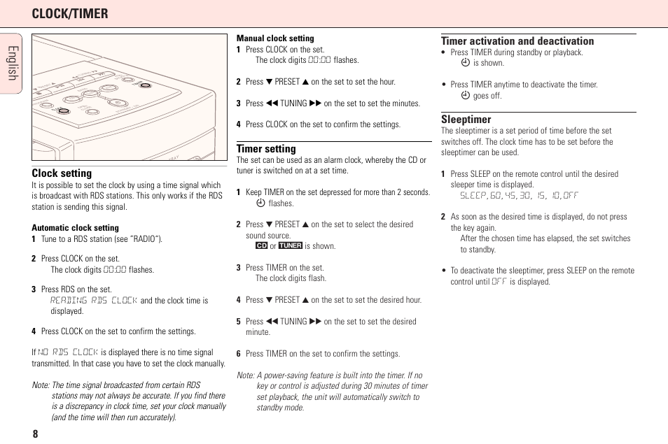 English clock/timer, Clock setting, Timer setting | Timer activation and deactivation, Sleeptimer | Philips MC165C3799 User Manual | Page 8 / 104