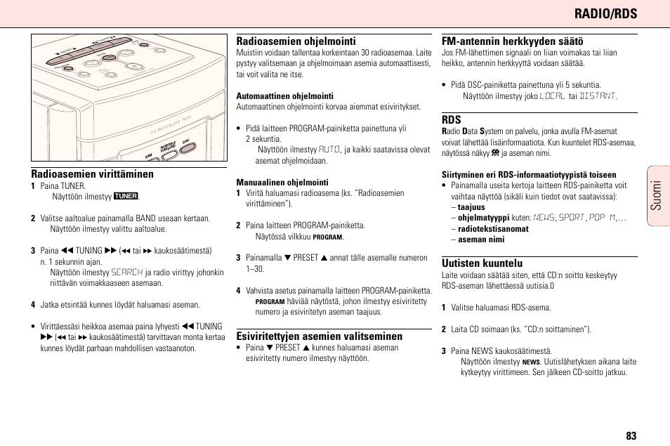 Radio/rds, Suomi, Radioasemien virittäminen | Radioasemien ohjelmointi, Esiviritettyjen asemien valitseminen, Fm-antennin herkkyyden säätö, Uutisten kuuntelu | Philips MC165C3799 User Manual | Page 83 / 104