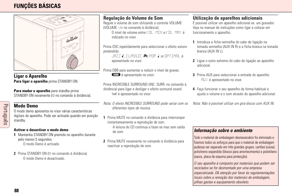 Português funções básicas, Ligar o aparelho, Modo demo | Regulação do volume de som, Utilização de aparelhos adicionais, Informação sobre o ambiente | Philips MC165C3799 User Manual | Page 88 / 104