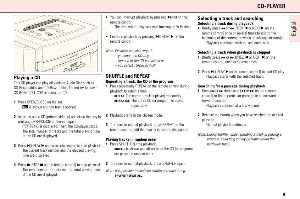 English cd-player, Playing a cd, Shuffle and repeat | Selecting a track and searching | Philips MC165C3799 User Manual | Page 9 / 104