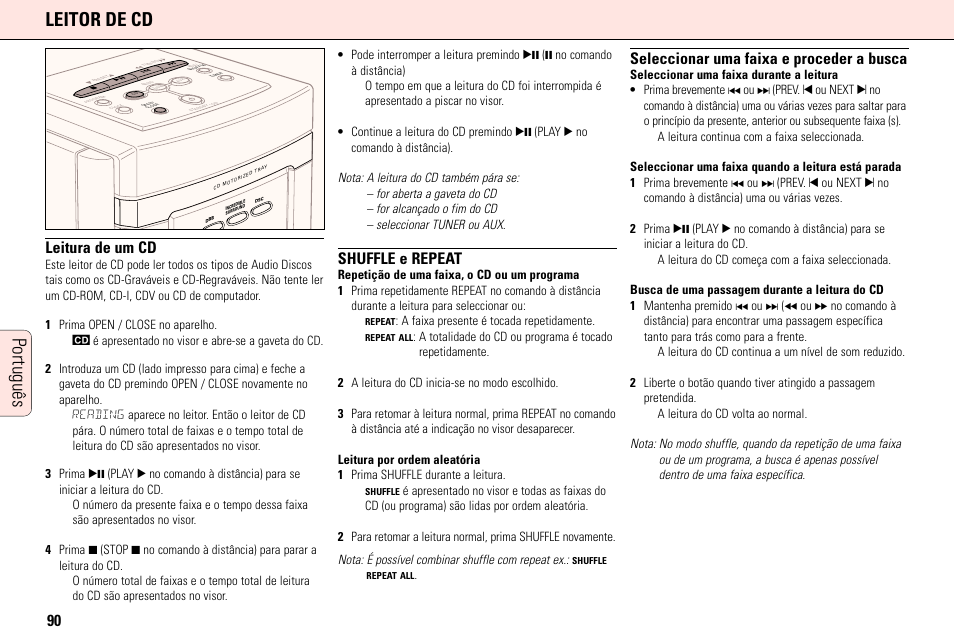 Português leitor de cd, Leitura de um cd, Shuffle e repeat | Seleccionar uma faixa e proceder a busca | Philips MC165C3799 User Manual | Page 90 / 104