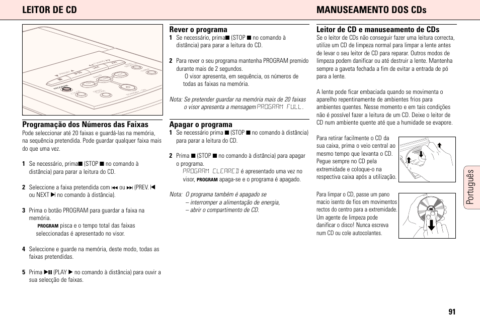 Português leitor de cd manuseamento dos cds, Programação dos números das faixas, Rever o programa | Apagar o programa, Leitor de cd e manuseamento de cds | Philips MC165C3799 User Manual | Page 91 / 104
