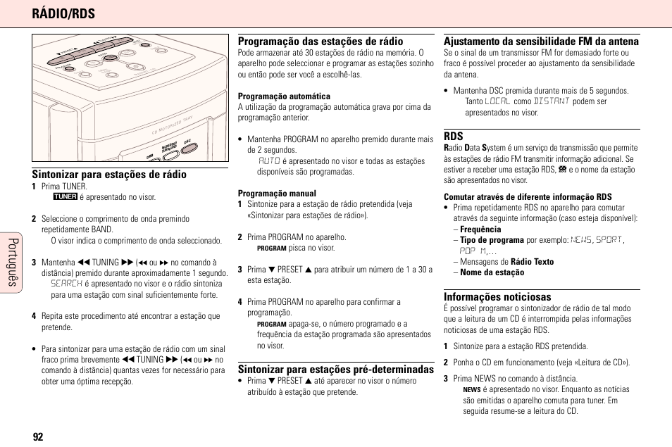 Português rádio/rds, Sintonizar para estações de rádio, Programação das estações de rádio | Sintonizar para estações pré-determinadas, Ajustamento da sensibilidade fm da antena, Informações noticiosas | Philips MC165C3799 User Manual | Page 92 / 104