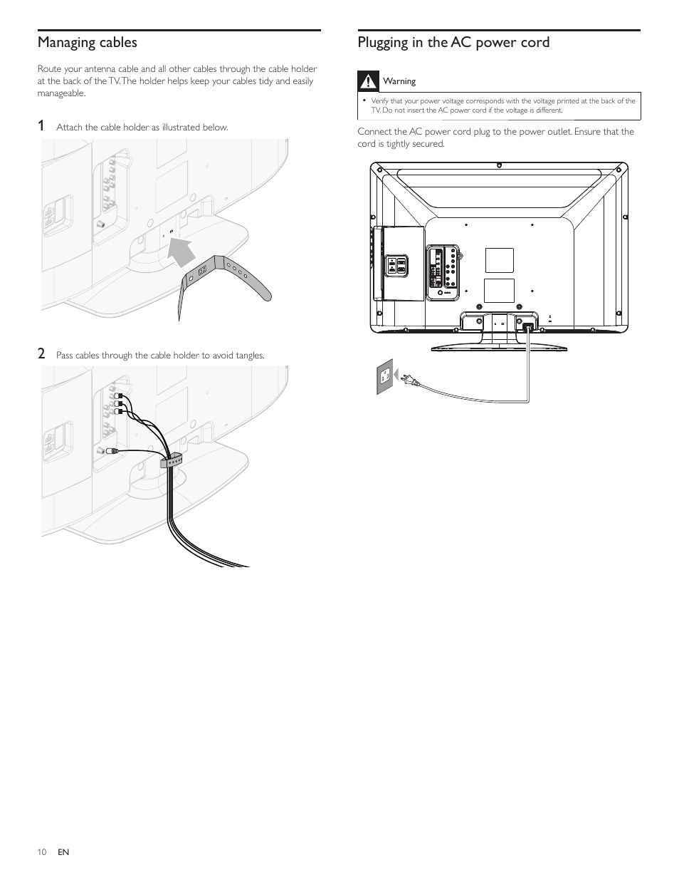 Managing cables, Plugging in the ac power cord | Philips 32PFL3505D-F7 User Manual | Page 11 / 34