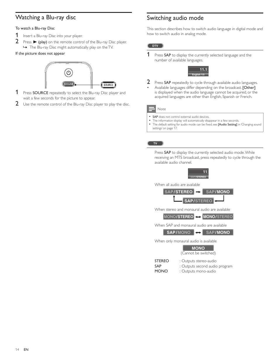 Watching a blu-ray disc, Switching audio mode | Philips 32PFL3505D-F7 User Manual | Page 15 / 34