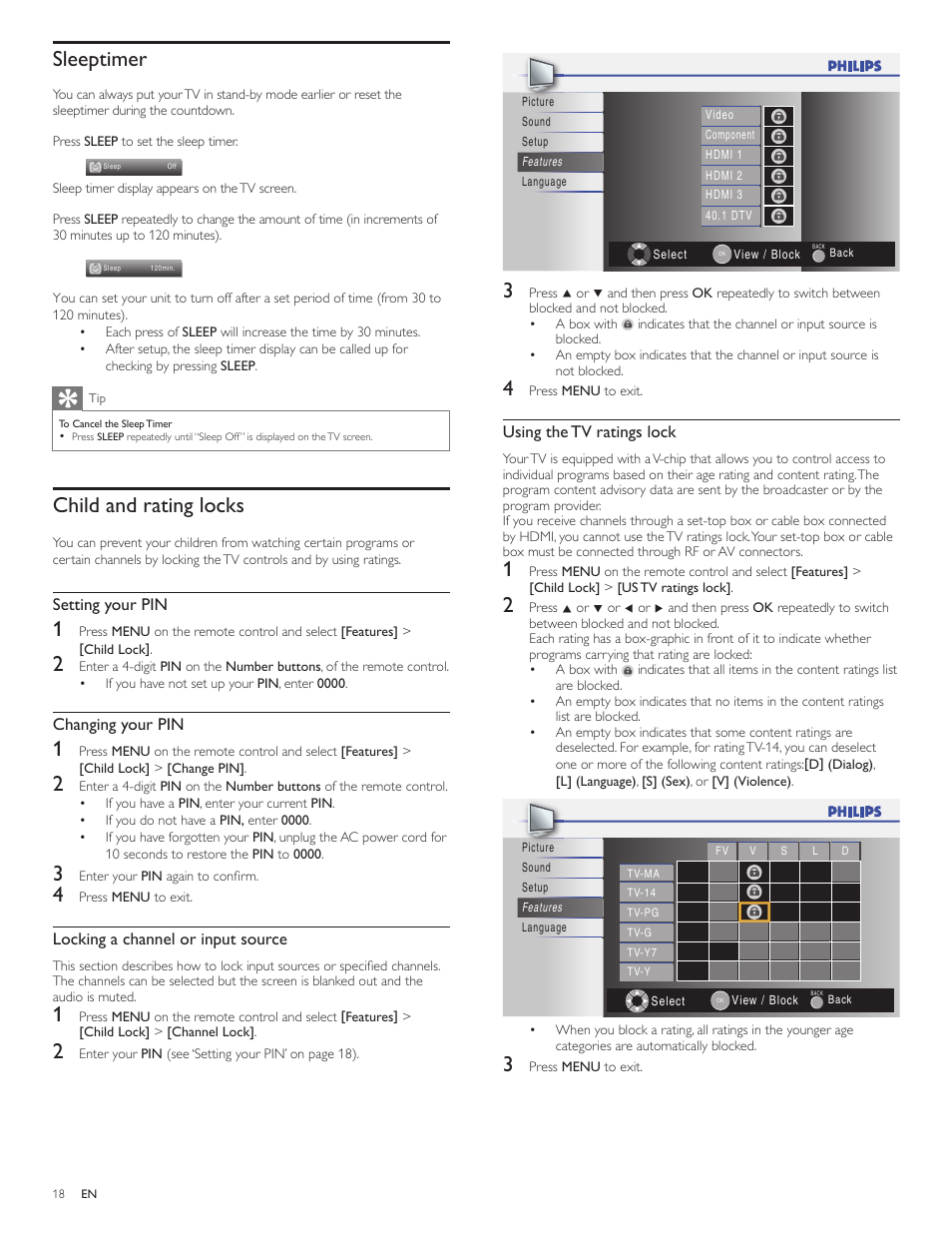 Sleeptimer, Child and rating locks | Philips 32PFL3505D-F7 User Manual | Page 19 / 34