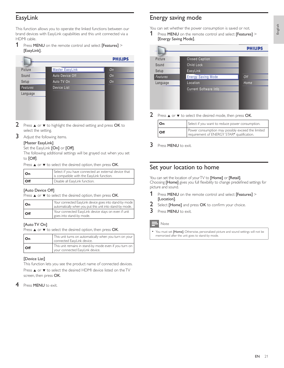 Easylink, Energy saving mode, Set your location to home | Philips 32PFL3505D-F7 User Manual | Page 22 / 34