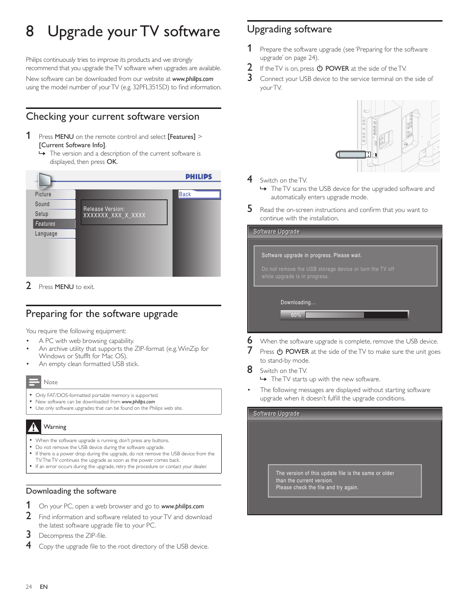 8 upgrade your tv software, Checking your current software version, Preparing for the software upgrade | Upgrading software, Upgrading software 1, Checking your current software version 1 | Philips 32PFL3505D-F7 User Manual | Page 25 / 34