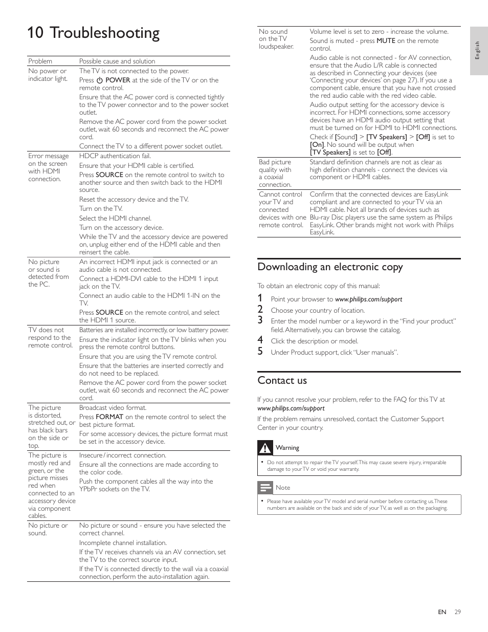 10 troubleshooting, Downloading an electronic copy, Contact us | Philips 32PFL3505D-F7 User Manual | Page 30 / 34