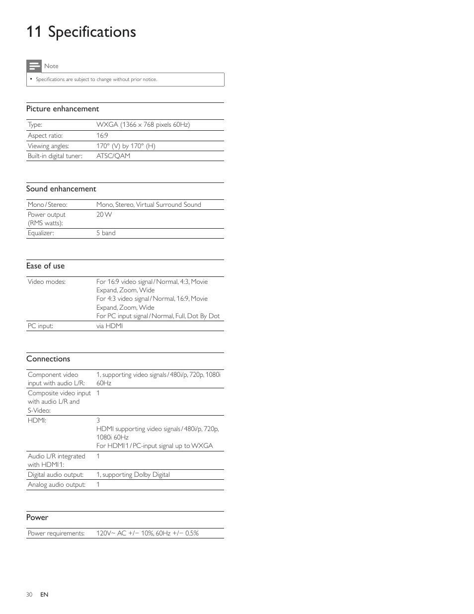 11 specifications | Philips 32PFL3505D-F7 User Manual | Page 31 / 34