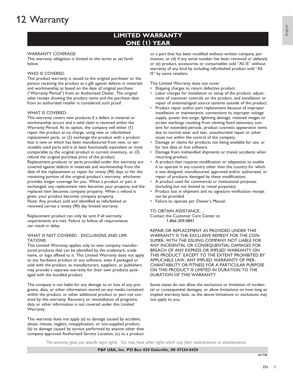 12 warranty, Limited warranty one (1) year | Philips 32PFL3505D-F7 User Manual | Page 32 / 34