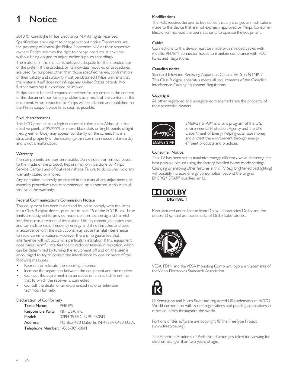 1 notice | Philips 32PFL3505D-F7 User Manual | Page 5 / 34